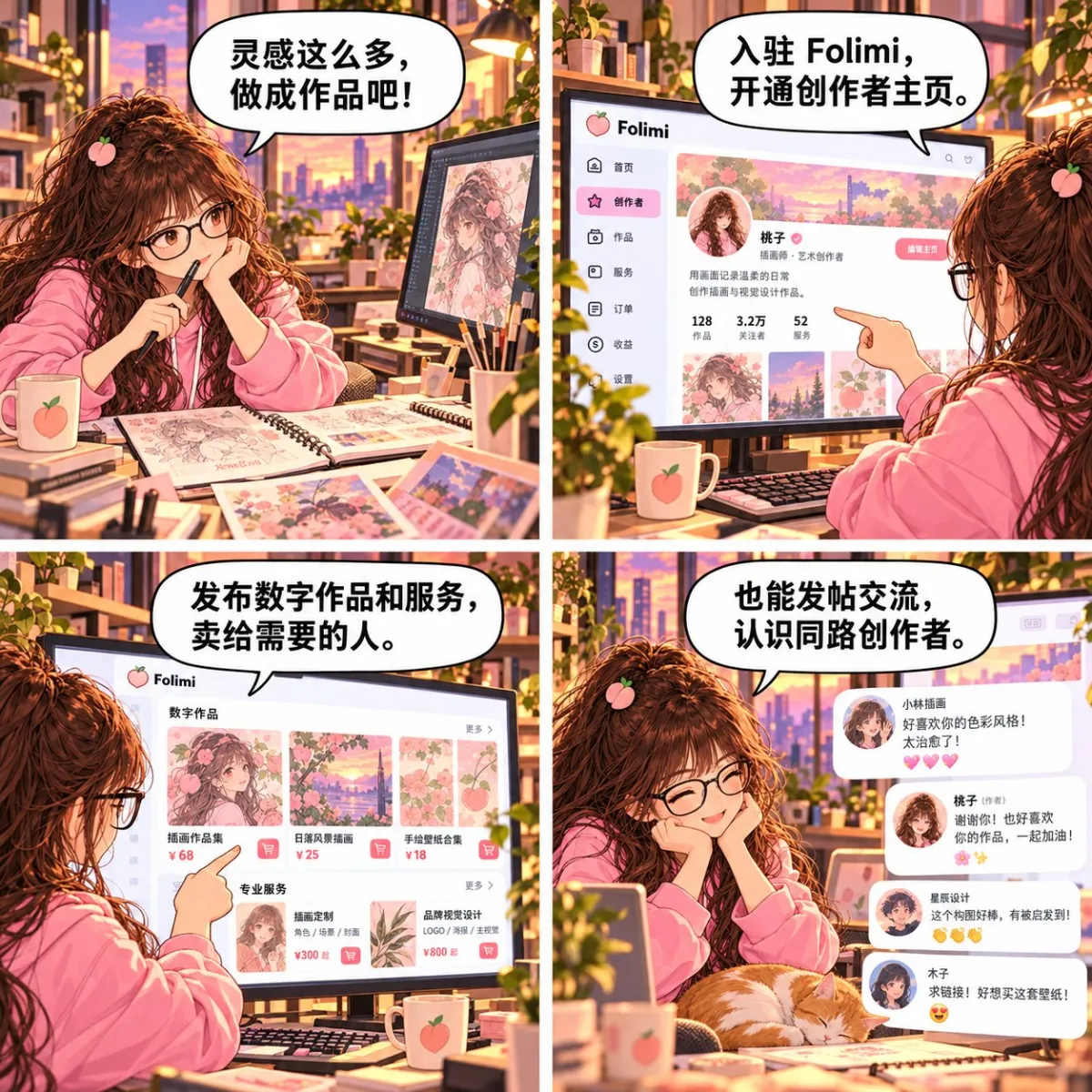桃子世界观漫画创作包｜角色、场景与一句话创作指南